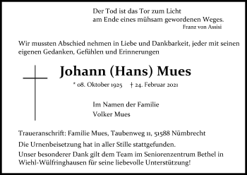 Anzeige von Johann  Mues von Kölner Stadt-Anzeiger / Kölnische Rundschau / Express
