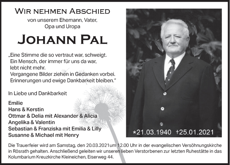  Traueranzeige für Johann Pal vom 12.03.2021 aus  Bergisches Handelsblatt 