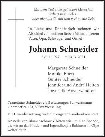 Anzeige von Johann Schneider von  Schlossbote/Werbekurier 