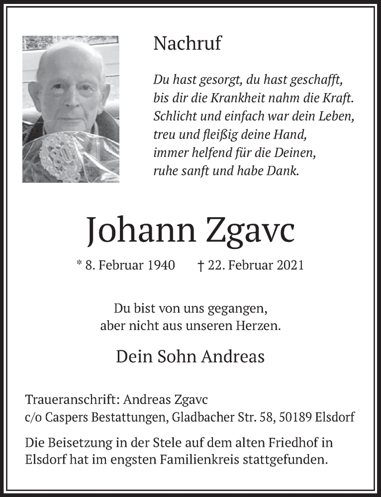  Traueranzeige für Johann Zgavc vom 19.03.2021 aus  Werbepost 