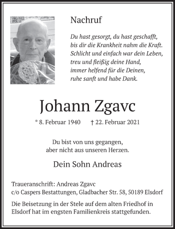 Anzeige von Johann Zgavc von  Werbepost 