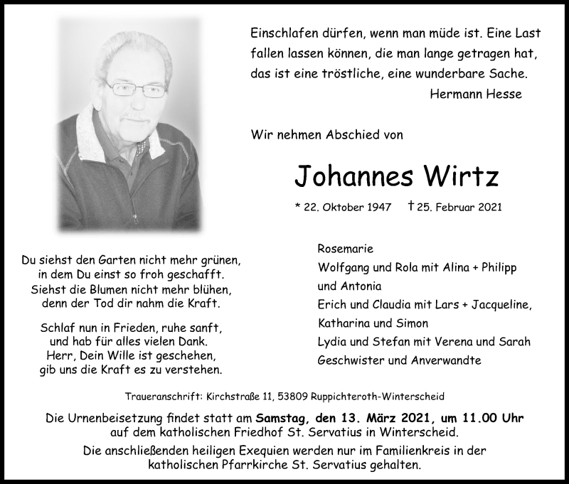  Traueranzeige für Johannes Wirtz vom 05.03.2021 aus Kölner Stadt-Anzeiger / Kölnische Rundschau / Express
