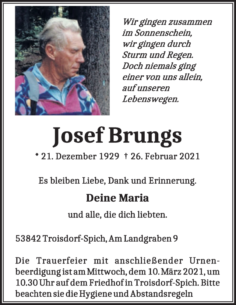  Traueranzeige für Josef Brungs vom 09.03.2021 aus Kölner Stadt-Anzeiger / Kölnische Rundschau / Express