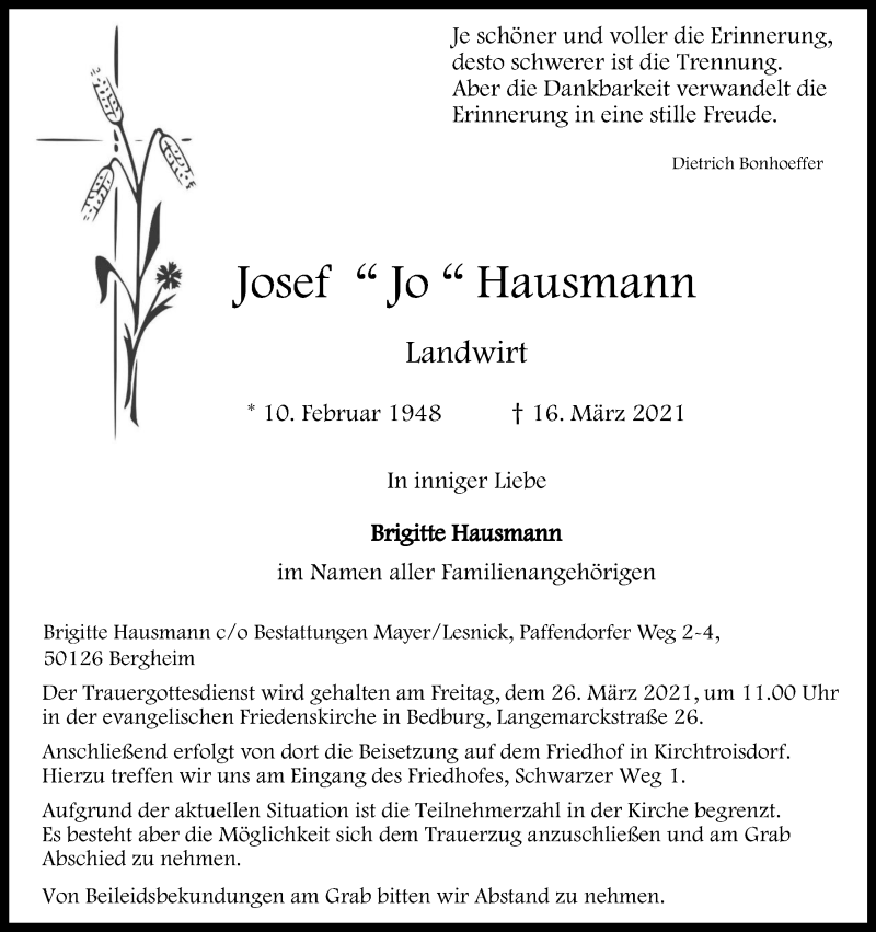  Traueranzeige für Josef Hausmann vom 20.03.2021 aus Kölner Stadt-Anzeiger / Kölnische Rundschau / Express