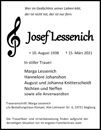 Anzeige von Josef Lessenich von Kölner Stadt-Anzeiger / Kölnische Rundschau / Express