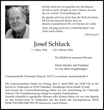 Anzeige von Josef Schluck von Kölner Stadt-Anzeiger / Kölnische Rundschau / Express
