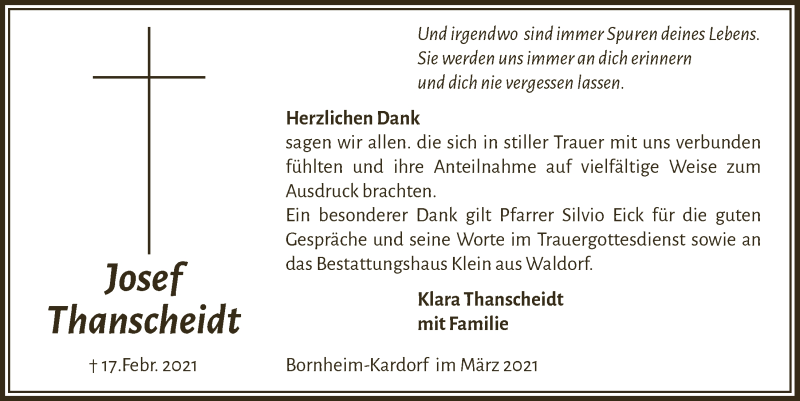  Traueranzeige für Josef Thanscheid vom 19.03.2021 aus  Schaufenster/Blickpunkt 