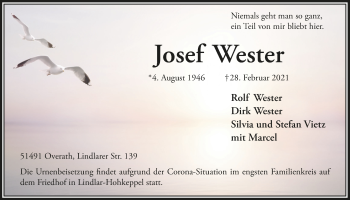 Anzeige von Josef Wester von  Bergisches Handelsblatt 