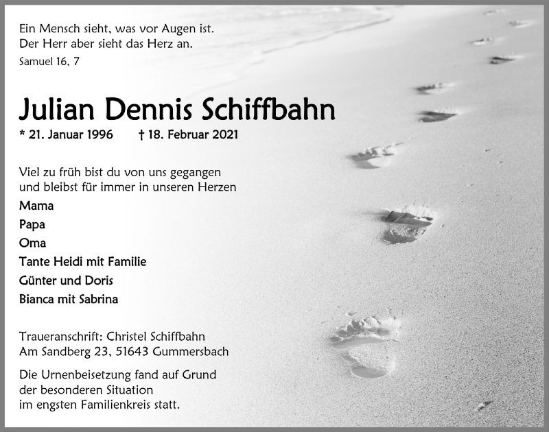  Traueranzeige für Julian Dennis Schiffbahn vom 05.03.2021 aus  Anzeigen Echo 