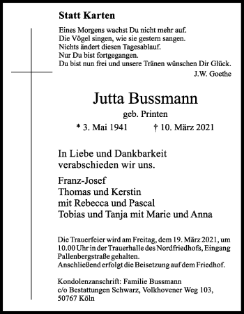 Anzeige von Jutta Bussmann von Kölner Stadt-Anzeiger / Kölnische Rundschau / Express