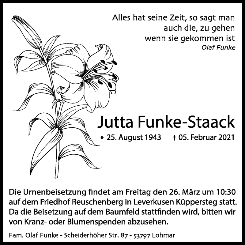  Traueranzeige für Jutta Funke-Staack vom 20.03.2021 aus Kölner Stadt-Anzeiger / Kölnische Rundschau / Express