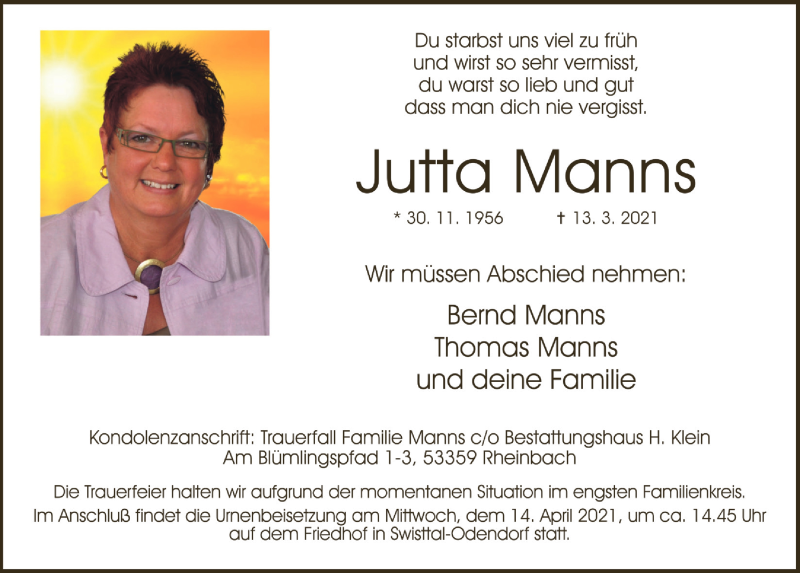  Traueranzeige für Jutta Manns vom 26.03.2021 aus  Schaufenster/Blickpunkt 