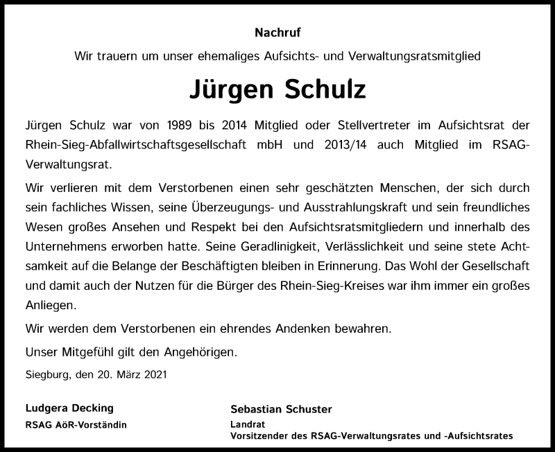  Traueranzeige für Jürgen Schulz vom 20.03.2021 aus Kölner Stadt-Anzeiger / Kölnische Rundschau / Express