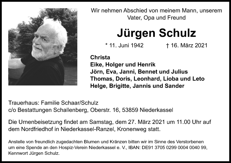  Traueranzeige für Jürgen Schulz vom 20.03.2021 aus Kölner Stadt-Anzeiger / Kölnische Rundschau / Express