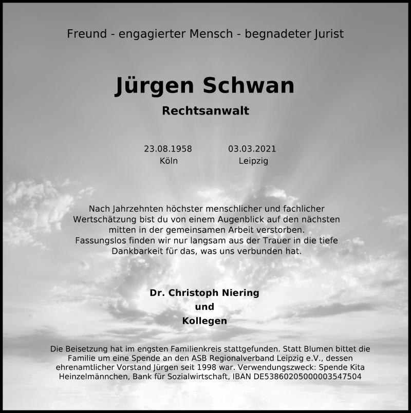  Traueranzeige für Jürgen Schwan vom 20.03.2021 aus Kölner Stadt-Anzeiger / Kölnische Rundschau / Express