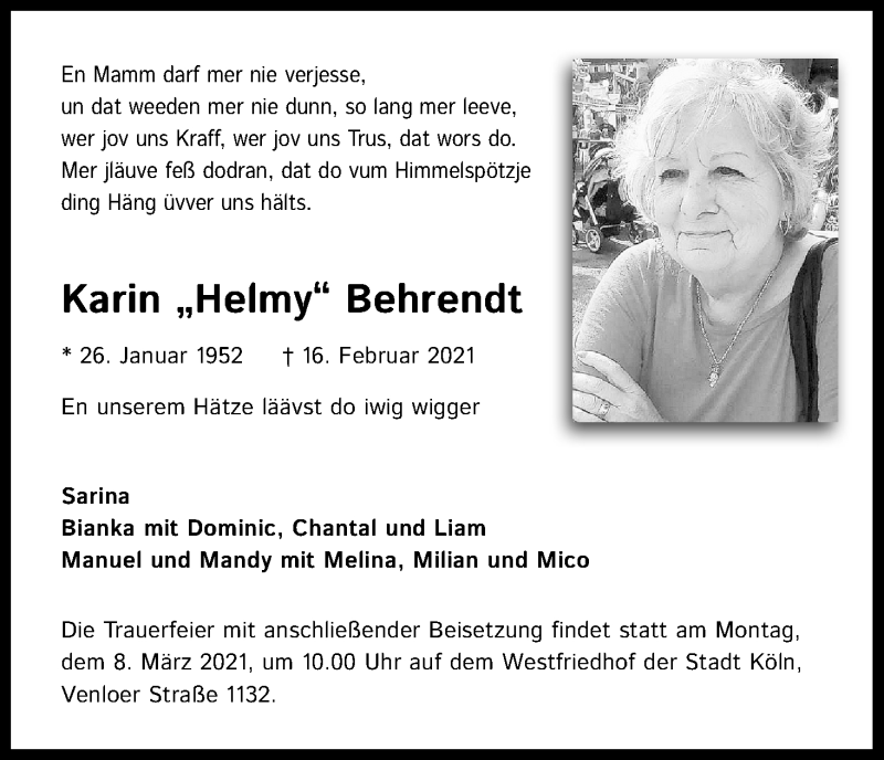  Traueranzeige für Karin Behrendt vom 06.03.2021 aus Kölner Stadt-Anzeiger / Kölnische Rundschau / Express