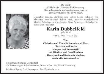 Anzeige von Karin Dubbelfeld von  Schaufenster/Blickpunkt  Schlossbote/Werbekurier 