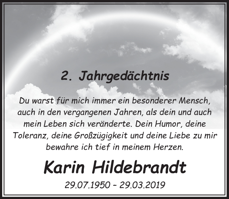  Traueranzeige für Karin Hildebrandt vom 18.07.2023 aus  Schlossbote/Werbekurier 