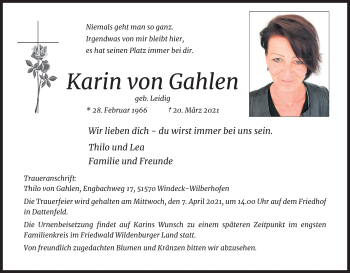 Anzeige von Karin von Gahlen von Kölner Stadt-Anzeiger / Kölnische Rundschau / Express