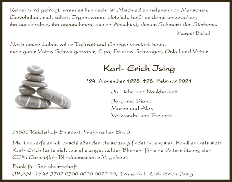  Traueranzeige für Karl-Erich Ising vom 05.03.2021 aus  Anzeigen Echo 
