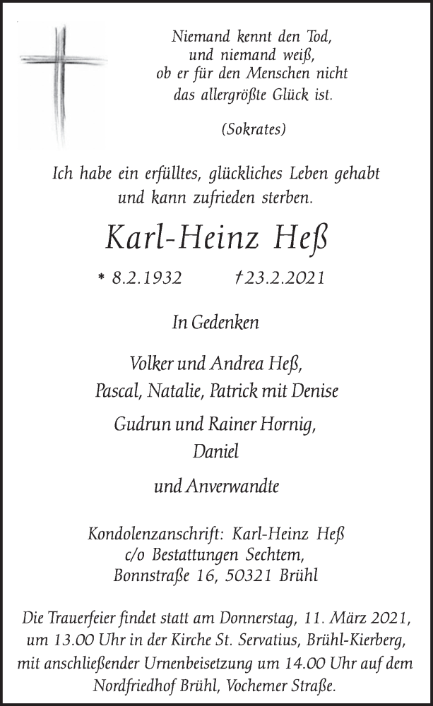  Traueranzeige für Karl-Heinz Heß vom 05.03.2021 aus  Schlossbote/Werbekurier 