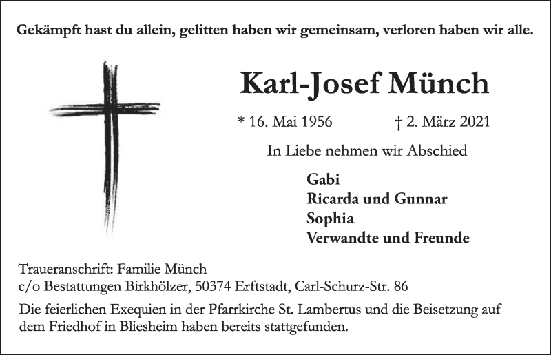  Traueranzeige für Karl-Josef Münch vom 12.03.2021 aus  Werbepost 