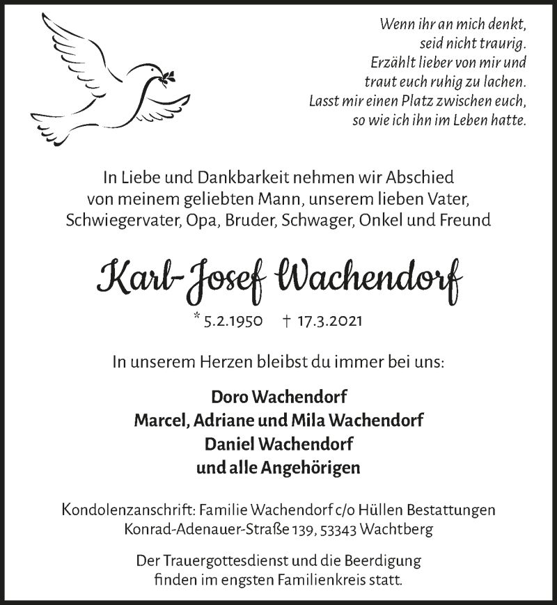  Traueranzeige für Karl-Josef Wachendorf vom 26.03.2021 aus  Schaufenster/Blickpunkt 