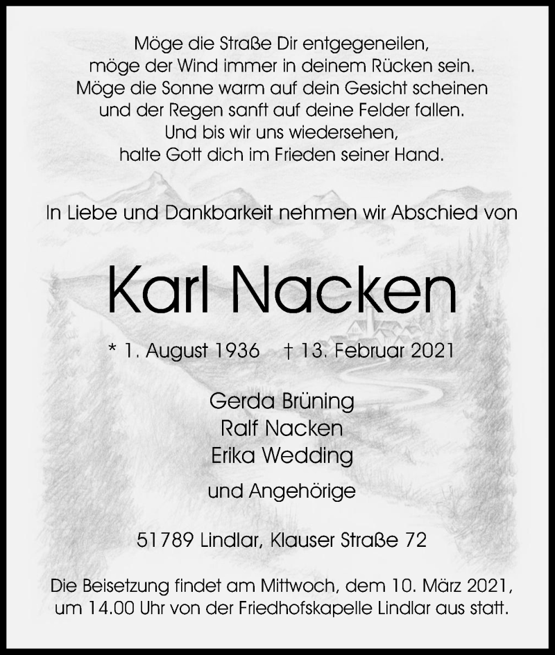  Traueranzeige für Karl Nacken vom 06.03.2021 aus Kölner Stadt-Anzeiger / Kölnische Rundschau / Express