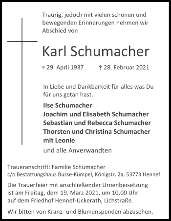 Anzeige von Karl Schumacher von Kölner Stadt-Anzeiger / Kölnische Rundschau / Express