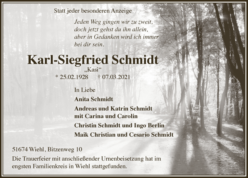  Traueranzeige für Karl-Siegfried Schmidt vom 19.03.2021 aus  Anzeigen Echo 