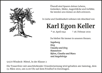 Anzeige von Karl Egon Keller von  Lokalanzeiger 