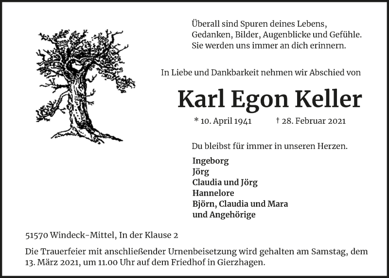  Traueranzeige für Karl Egon Keller vom 12.03.2021 aus  Lokalanzeiger 