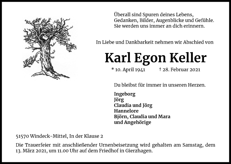  Traueranzeige für Karl Egon Keller vom 06.03.2021 aus Kölner Stadt-Anzeiger / Kölnische Rundschau / Express