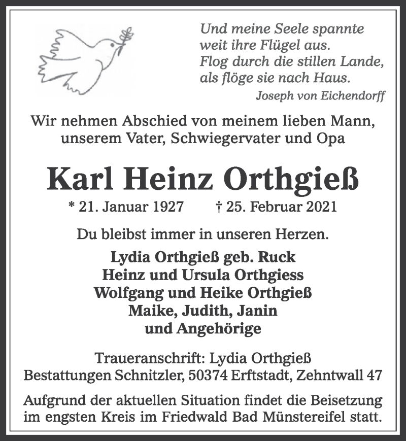  Traueranzeige für Karl Heinz Orthgieß vom 05.03.2021 aus  Werbepost 