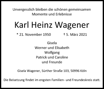 Anzeige von Karl Heinz Wagener von Kölner Stadt-Anzeiger / Kölnische Rundschau / Express