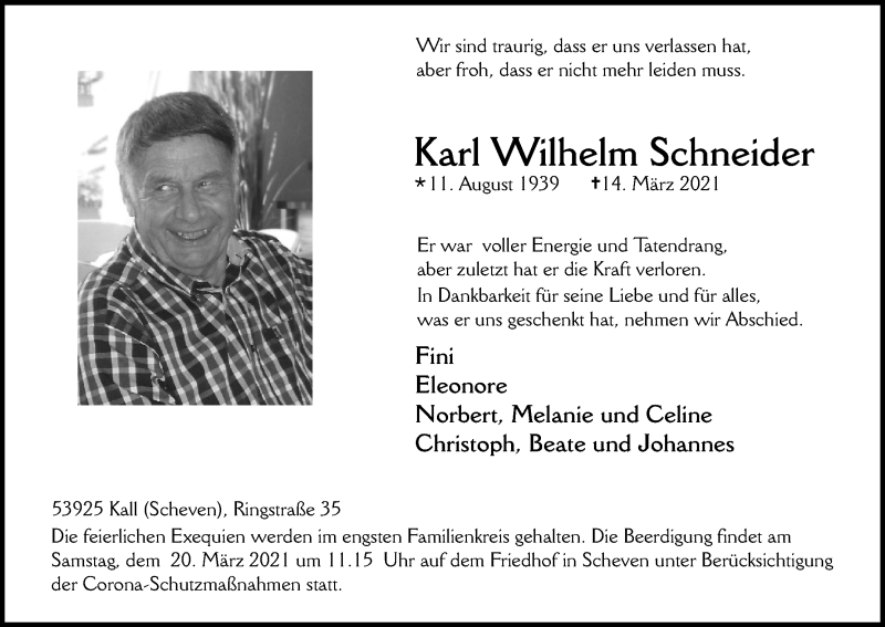  Traueranzeige für Karl Wilhelm Schneider vom 17.03.2021 aus Kölner Stadt-Anzeiger / Kölnische Rundschau / Express