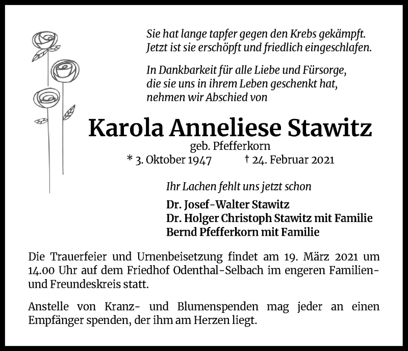  Traueranzeige für Karola Anneliese Stawitz vom 06.03.2021 aus Kölner Stadt-Anzeiger / Kölnische Rundschau / Express