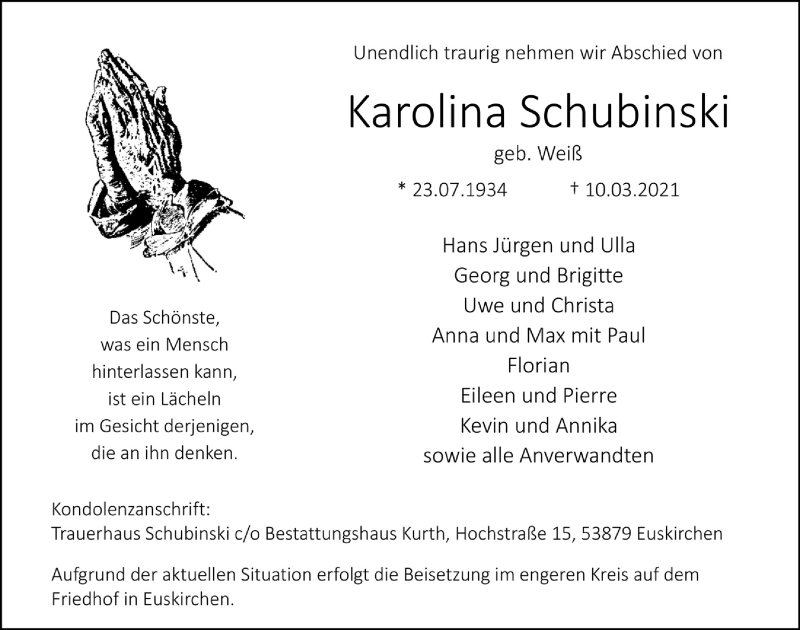  Traueranzeige für Karolina Schubinski vom 13.03.2021 aus  Blickpunkt Euskirchen 