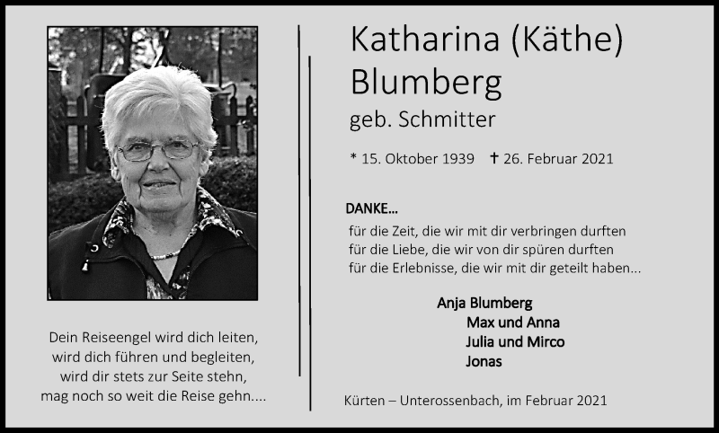  Traueranzeige für Katharina Blumberg vom 03.03.2021 aus Kölner Stadt-Anzeiger / Kölnische Rundschau / Express