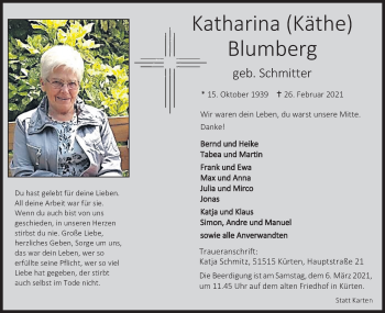 Anzeige von Katharina Blumberg von Kölner Stadt-Anzeiger / Kölnische Rundschau / Express