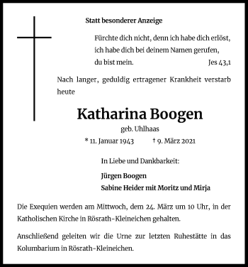 Anzeige von Katharina Boogen von Kölner Stadt-Anzeiger / Kölnische Rundschau / Express
