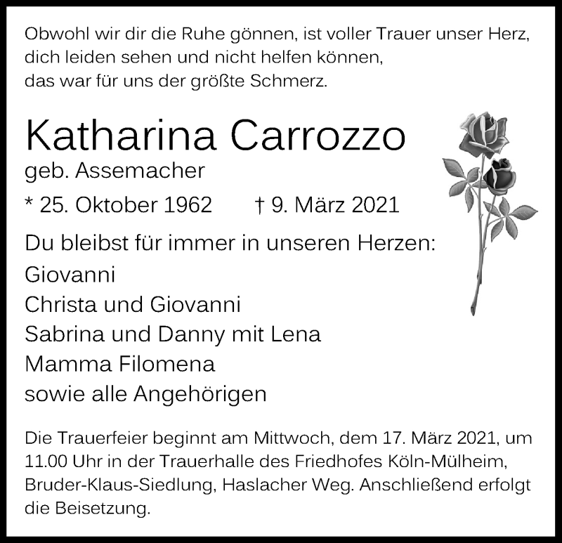  Traueranzeige für Katharina Carrozzo vom 13.03.2021 aus Kölner Stadt-Anzeiger / Kölnische Rundschau / Express