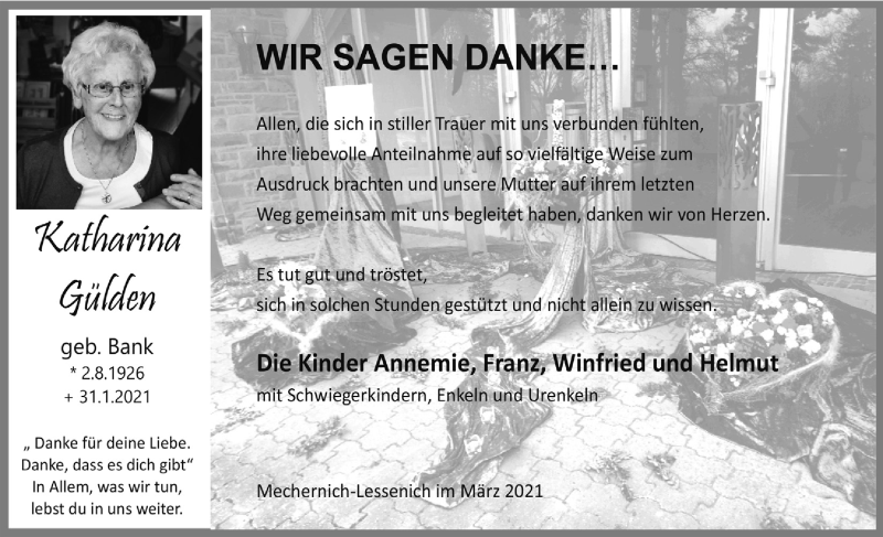 Traueranzeige für Katharina Gülden vom 13.03.2021 aus  Blickpunkt Euskirchen 