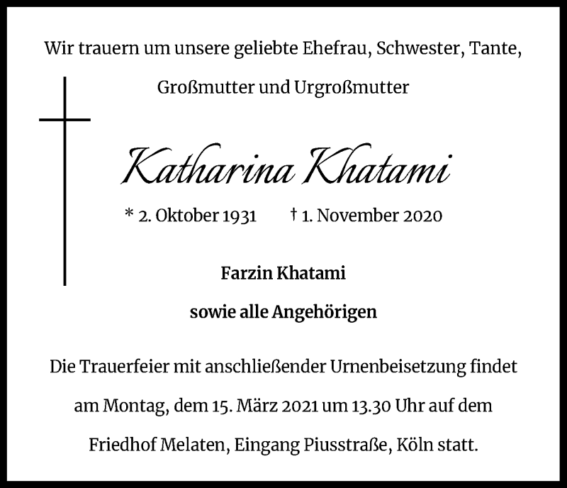  Traueranzeige für Katharina Khatami vom 13.03.2021 aus Kölner Stadt-Anzeiger / Kölnische Rundschau / Express
