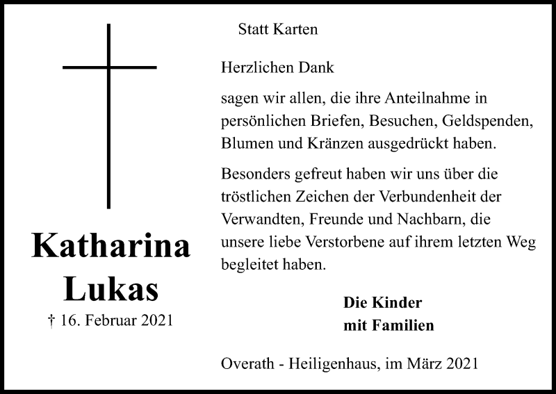  Traueranzeige für Katharina Lukas vom 20.03.2021 aus Kölner Stadt-Anzeiger / Kölnische Rundschau / Express