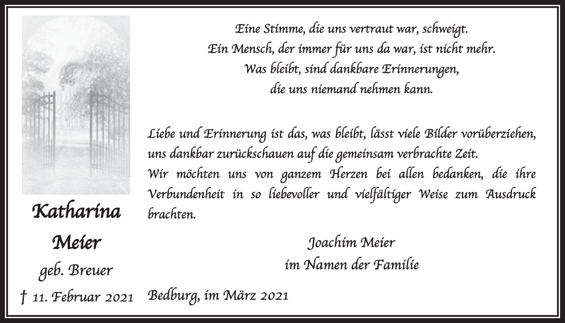  Traueranzeige für Katharina Meier vom 19.03.2021 aus  Werbepost 
