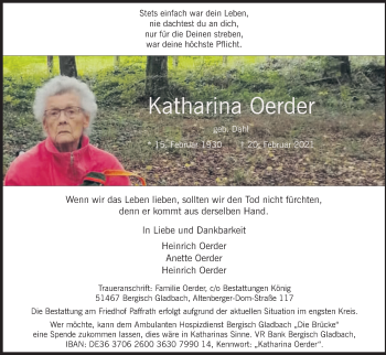 Anzeige von Katharina Oerder von Kölner Stadt-Anzeiger / Kölnische Rundschau / Express