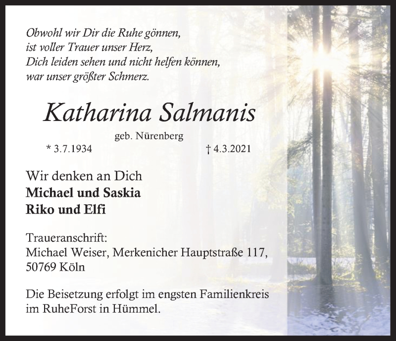  Traueranzeige für Katharina Salmanis vom 13.03.2021 aus Kölner Stadt-Anzeiger / Kölnische Rundschau / Express