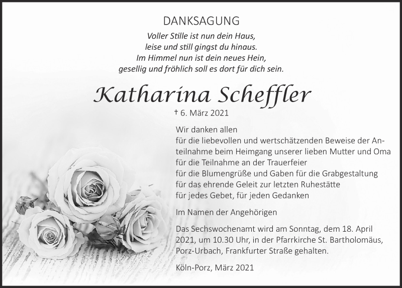  Traueranzeige für Katharina Scheffler vom 26.03.2021 aus  Kölner Wochenspiegel 