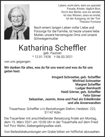 Anzeige von Katharina Scheffler von  Kölner Wochenspiegel 